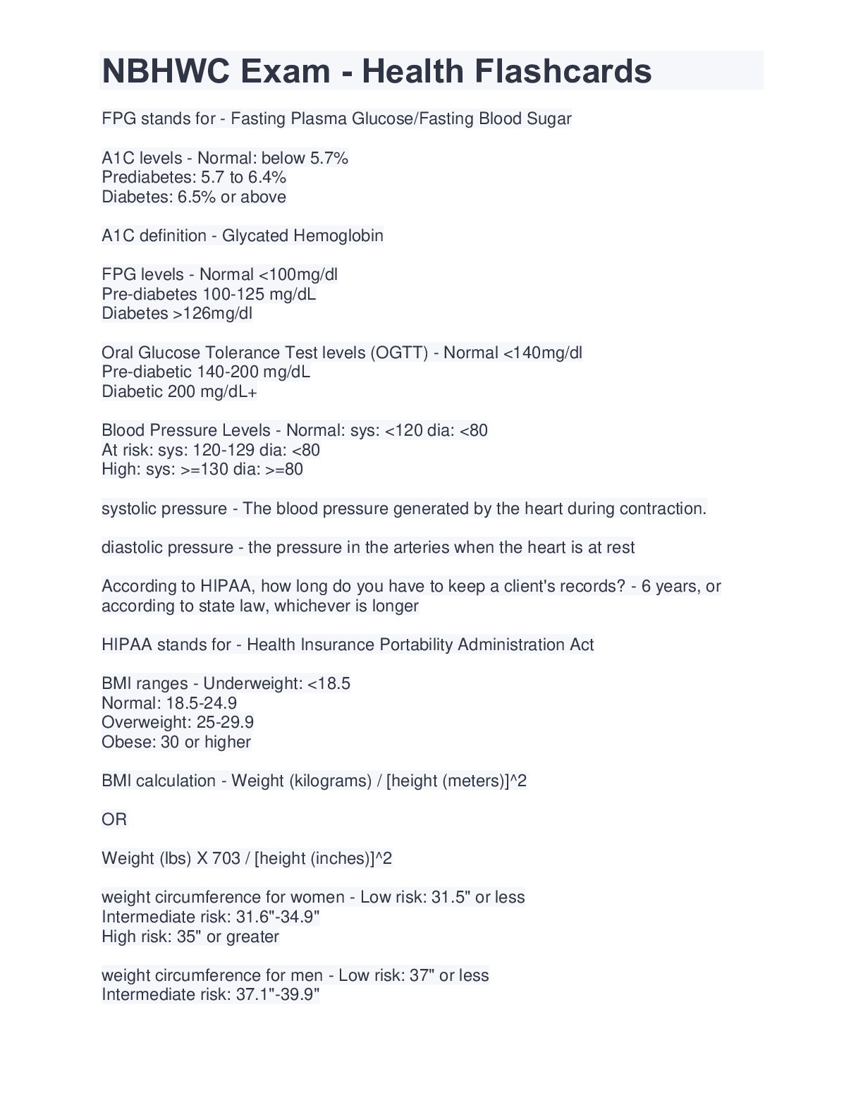 Preview image for NBHWC Exam - Health Flashcards